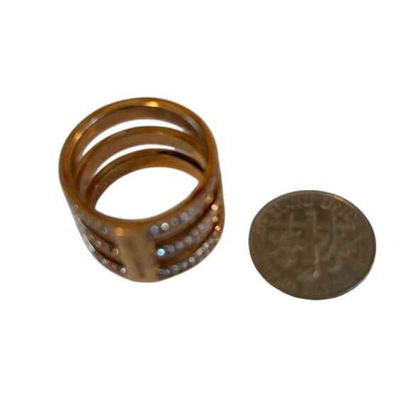 Michael Kors Gold Tone Steel Tri Stack Ring Clear Crystal  Michael Kors Rose Gold Tone Tri-Stack Fashion Ring w/ Clear Pave Crystals.